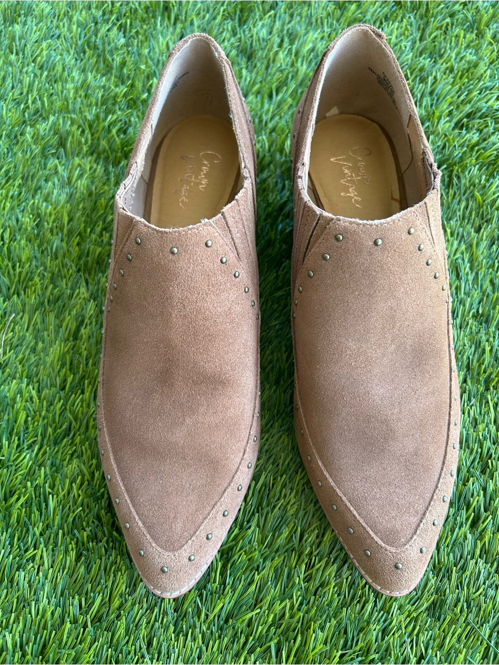 Crown Vintage Women's Tan Suede Pointed Slip-On Loafers with Stud Accents
